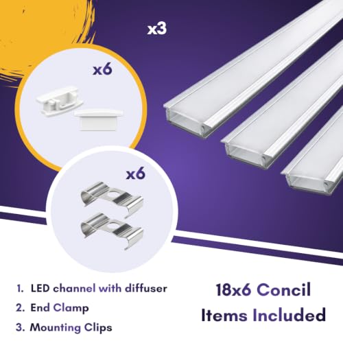 Image of Lighting 18x6mm LED Strip Lights 1 Meter Aluminium Rectangular Concealed Profile Light Channels with Diffused Cover, End Caps and Mounting Clips Without LED Straight Linear, (Pack of 3)