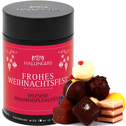 Hallingers 12 Pralinen handgemacht, mit/ohne Alkohol (150g) - Frohes Weihnachtsfest (Premiumdose) - Weihnachten 2023, Für Sie#Für Ihn - Geschenk zu Valentinstag 2023 Cover