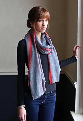 Women's Stripe Selvedge Gray Soft Lightweight Wool Scarf (Tuscany Orange) #TOP2