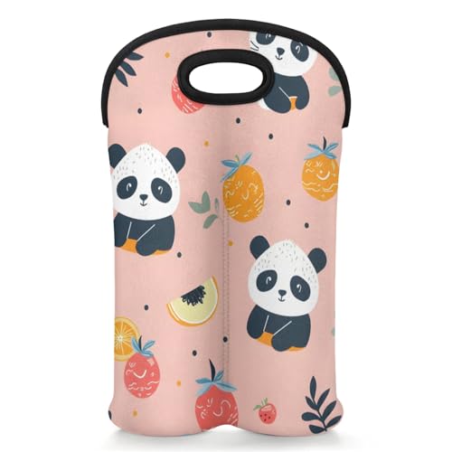 GzLeyigou 2 Bottles Panda and Fruit Wine Bag Sleeve Totes Neoprene Protective Wine Carrier Bag for Wine,Water, Champagne, Beer, Baby Bottles,Gift 14.5 x 10 Inches