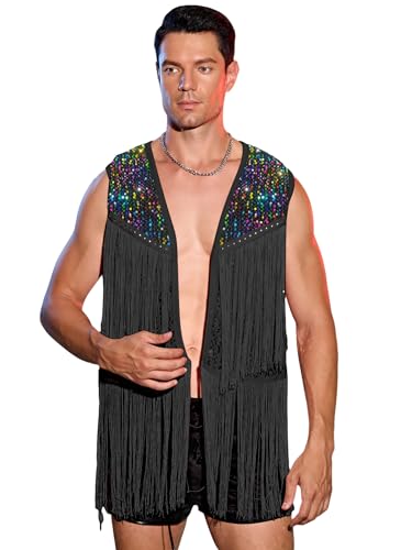 WDIRARA Mens Contrast Sequins Fringe Trim Sleeveless Open Front Party Club Jacket Black Solid S
