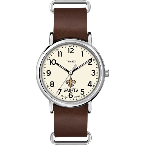 Timex Men's NFL Weekender 40mm Watch – New Orleans Saints with Brown Genuine Leather Slip-Thru Strap
