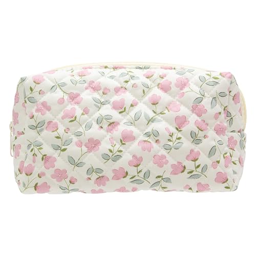 PAZIMIIK Small Quilted Makeup Bag,Zipper Cosmetic Pouch,Floral Pink