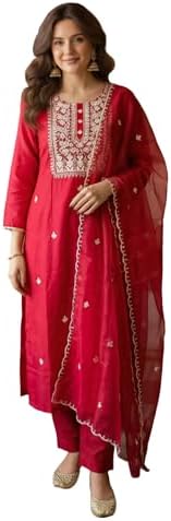INDO ERA Women's Silk Blend Embroidered Straight Kurta Pant with Dupatta Set