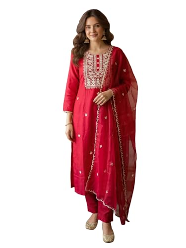 Image of INDO ERA Women's Silk Blend Embroidered Straight Kurta Pant with Dupatta Set