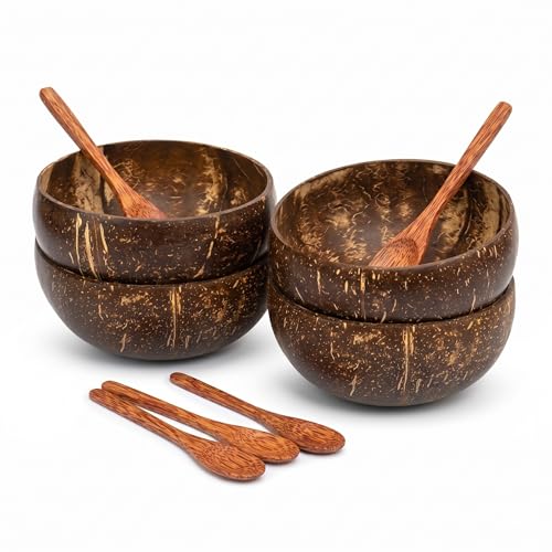 Image of Thenga Jumbo 900ML Artisan Coconut Shell Bowls & Spoon Set | Eco-Friendly Handmade Wooden Bowls for Smoothie, Salad, Breakfast, Buddha Bowls & Meals | Set of 4 from Kerala