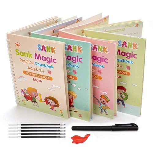 Image of Sank Magic Practice Copybook, (4 Book & 10 REFILL) Number Tracing Book for Preschoolers with Pen, Calligraphy Copybook Set Practical Reusable Writing Tool