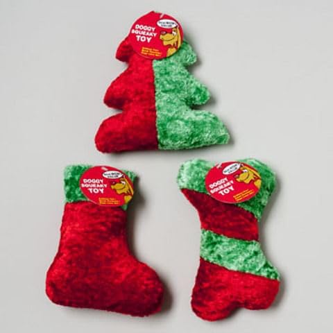 CHRISTMAS DOG TOY CHENILLE WITH SQUEAKER 3 SHAPES RED GREEN IN Case Pack of 36