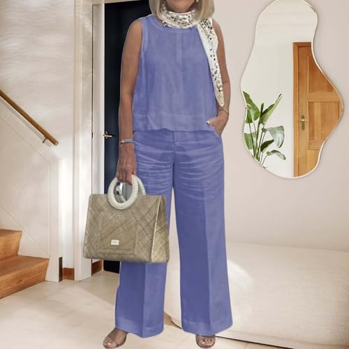 Two Piece Sets for Women Summer Sleeveless Tank Top and Wide Leg Lounge Sets Linen Matching Set with Pockets3