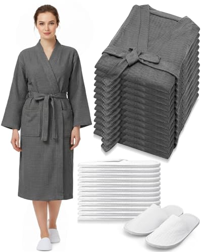 Image of Jecery Waffle Bathrobe and Slippers Bulk Set Spa Robes Hotel Bath Lightweight Thin Commercial Soft for House Shower Party