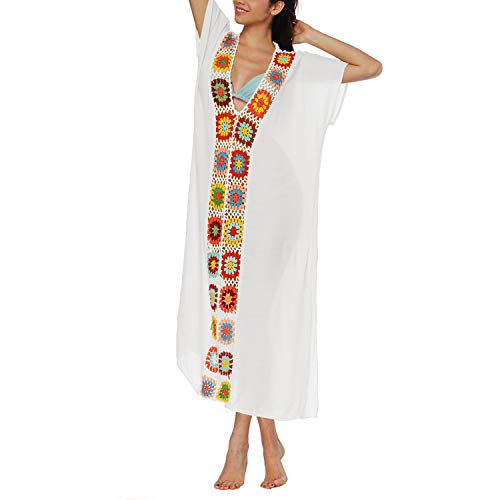 Lu's Chic Women's Crochet Swimsuit Cover Up Caftan V Neck Short Sleeve Beach Kaftan Coverups