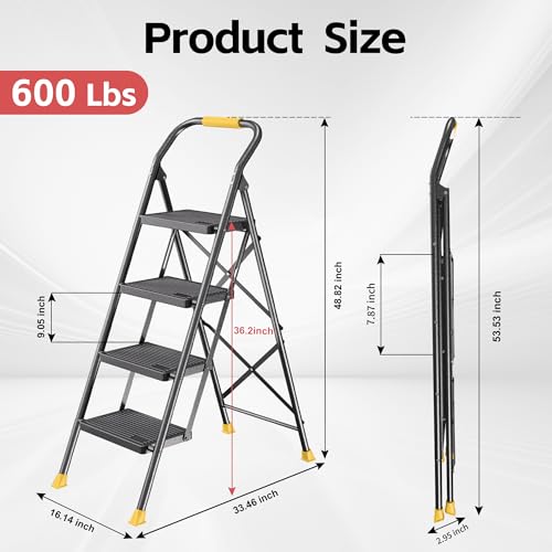Step Ladder Foldable Folding Stool - for Home Adults Kitchen 4 Stepping Extension Tall Heavy Duty with Handrails - Closet Stepstool Stair Ladders Extendable Stepladder for Indoor House 600Lbs - Image 7