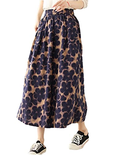 Jupe mi-longue en coton et lin bleu avec motif floral rétro taille 52