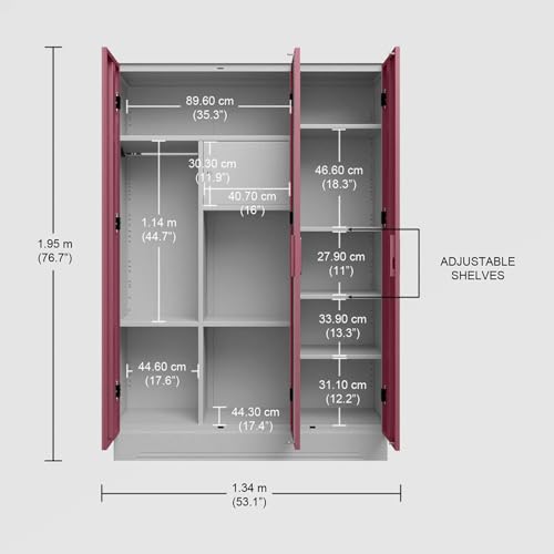 Image of Interio by Godrej Almirah Slimline 3-Door Steel Almirah, Cupboard for Clothes (Royal Ivory and Dusty Rose), 1-Year Warranty, 7 Shelves, 1 Locker
