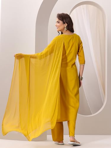 Image of Libas Gerua Womens Embellished Silk Blend Straight Kurta With Trousers and Dupatta