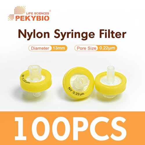 Image of PEKYBIO Syringe Filter Nylon Hydrophilic Filtration 0.22μm Pore Size, 13mm Membrane Diameter for Lab, Pack of 100, Non-Sterilized