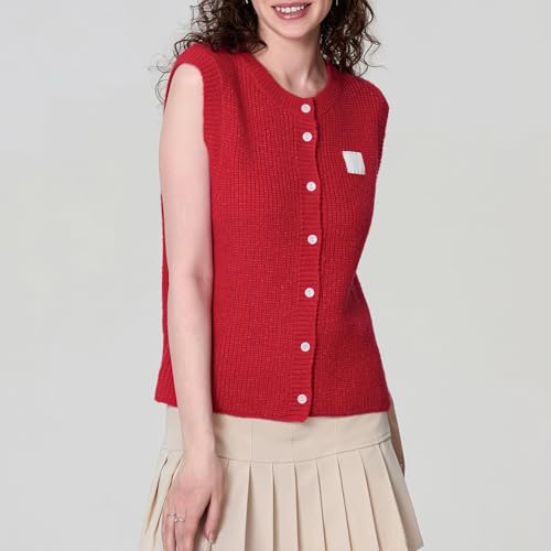 Image of Women Chunky Button Sweater Vest Sleeveless Round Neck Rib Knitted Tank Top Y2k Knitted Cardigan Vest Shirt