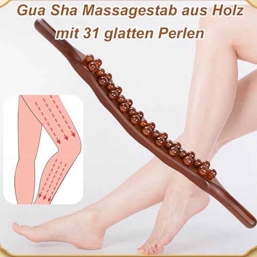 Gua Sha Wooden Therapy Stab, Faszienstab, Massagestab Holz mit 31 Massageperlen, Guasha, Holzmassageperlen Faszienstab Faszienrolle Holz für Muskelentspannung Massage Nacken Rücken Bauch Beine Arme