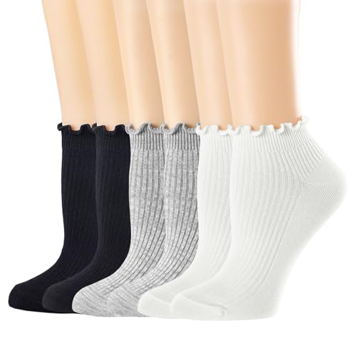 Image of Mcool Mary Womens Ankle Ruffle Socks Casual Cotton Frilly Breathable Cute Knit Lettuce Trim No Show Socks 6 Pack