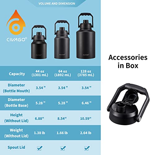 Civago Gallon Insulated Water Bottle Jug With Handle, 128 Oz Stainless Steel Sports Canteen, Large Metal Growler Mug, Black Glitter #TOP4
