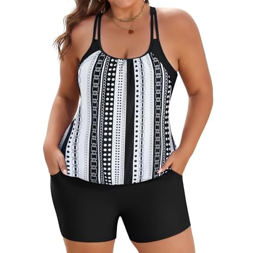 Arolina Tankini Swimsuits for Women Modest Two Piece Blouson Bathing Suit Tank Top with Boy Shorts Pockets (S-24W) Black White 18 Plus