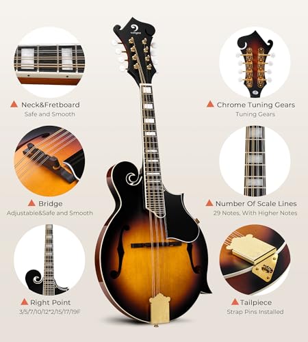 Image of Vangoa F-Style Mandolins Instrument 29-Fret, 8 String Acoustic Mandolin With Protective Plate, for Beginner Adults, Sunburst