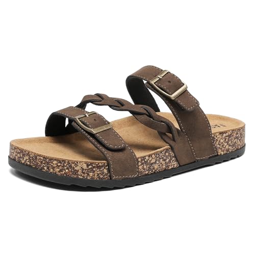Women's Cork Footbed Sandals with Arch Support Comfortable Adjustable Straps Braided Sandal with Double Buckles, Non-Slip Slip-On Slide Sandals for Summer Water Resistant Slides Footwear US Size 10