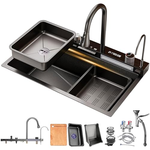 HZKSINNK Fregadero de cocina de 85 x 50 cm, con dos cascadas, 1 cuenco, color negro, multifuncional, de acero inoxidable, con nanorevestido, con grifos extensibles, lavavajillas para vasos y cestas de