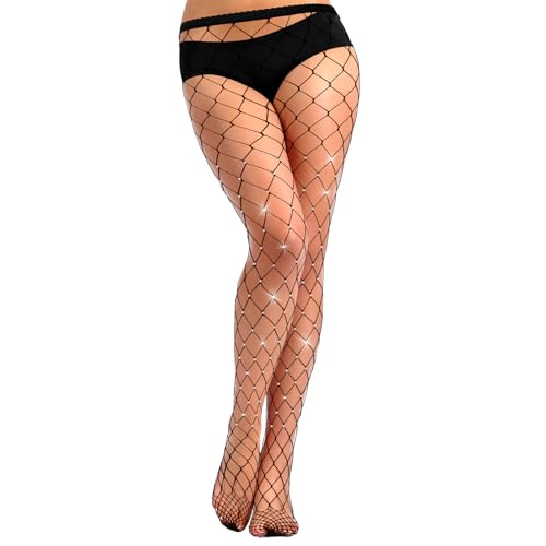 3 Pairs Plus Size Fishnet Stockings Women, High Waist Stretchy Footless Tights, Rhinestone Sparkly Mesh Glitter Pantyhose(Black)