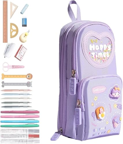 Image of Canvas Premium Pencil Case, 6 Layer, 3 Compartments, Large Capacity, Cute Aesthetic Design For Girls, Multifunctional Pouch For School Kids, purple