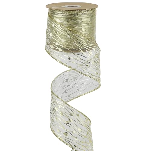 MEEDEE Gold Wired Ribbon 2.5 Inch Sheer Wired Christmas Ribbon with Horizontal Stripes and Polka Dots Christmas Ribbons Organza Wire 25 Yards Organza Sheer Ribbons for Gift Wrapping, Garland