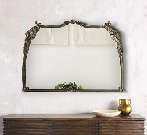 Image of Vintage Brass Decorative Wall Mirror Hand Casted Frame for Bedroom Bathroom Kitchen Wall Decor 40x24 (Brass Antique)