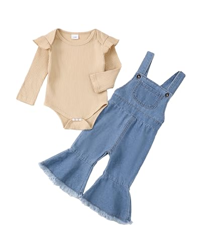 Image of SUNNY PIGGY Baby Girl Clothes Newborn Infant Outfits Ruffle Romper 2pcs Bell Pant Set Demin Overall Jumpsuit Fall Winter