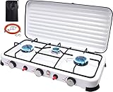 Qdreclod Cocina Gas Portátil 3 Fuegos 5.4kw Camping Cocina de Gas Butano GLP Exterior Festivales, Eencendido Piezoeléctrico Hornillo Camping Gas Quemador de Gas al Aire Libre con Tapa