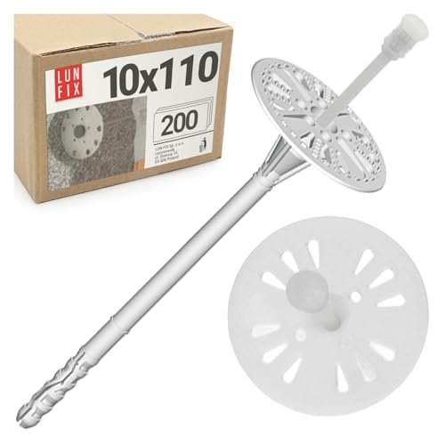 Taco Aislamiento 10x120 mm WDVS, fijación Universal fachada EPS Styropor, Taco plástico con Plato, Clavo Nylon, Anclaje Paneles aislantes Exterior, 200 uds, Lun Fix