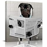 Bathroom Wall Decor Canvas Print Animal Art Oil Paintings Funny Pug Read Newspaper on Toilet Picture...