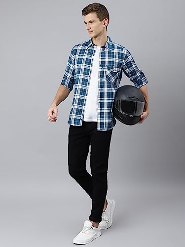 Image of Thomas Scott Men's Polyester Checkered Slim Fit Casual Shirt with Spread Collar and Long Sleeve (TS1045 Wood)