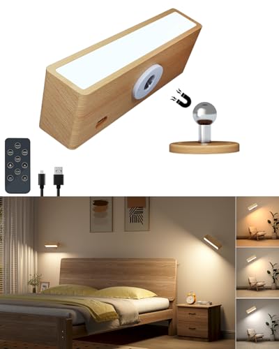 Image of DetarZinLED Wooden Wall Sconce Battery Operated with Remote,Rechargeable Wall Lights for Bedroom with 3 Color Temperature, Magnetic, Stick-On, Dimmable Wall Reading Lights (Beechwood, 1 Pack)