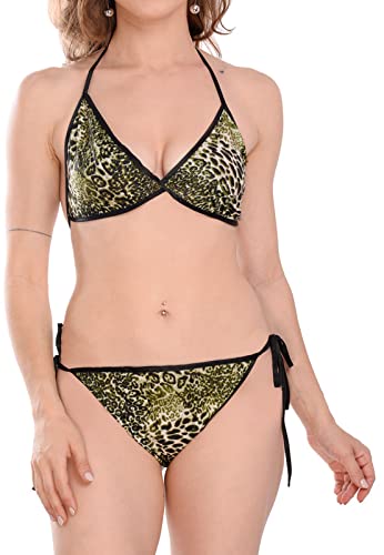 Image of Satin Animal Print Embellished Bikini Bra & Panty Lingerie Set for Women & Girls, Fits Well for Plus Size.