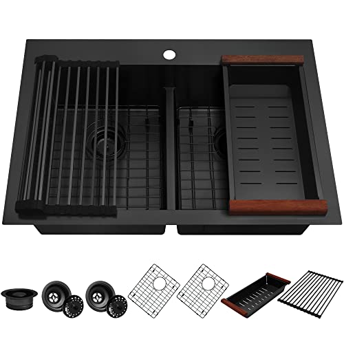 Lqs Kitchen Sink, 33" Low-Divide Drop In Kitchen Sink, Handmade Deep Top Mount Kitchen Sink, 50/50 Double Bowl Stainless Steel Kitchen Sink With Accessories, 16 Gauge Black Large Kitchen Sink #TOP21