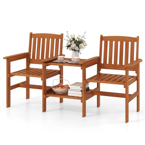 Tangkual Outdoor Wood Bench Loveseat with Built-in Table with1.57 Umbrella