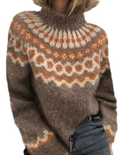 ZOCAVIA Women's Fair Isle Knit Sweater Retro Ethnic Argyle Turtleneck Sweaters Chunky Long Sleeves Cropped Pullover Tops