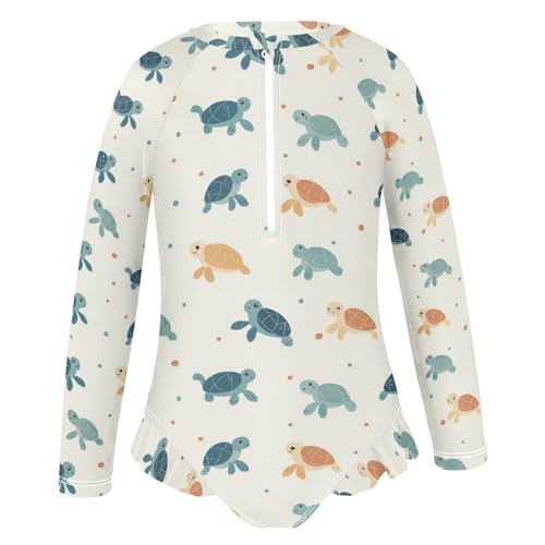 Girls Swimsuit Cute Turtles Dots Long Sleeve One Piece Bathing Suit for Kids UPF 50+ Rash Guard Swimwear 3-123
