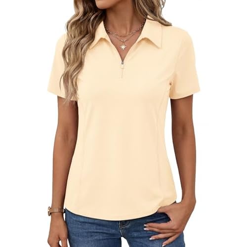 LOMON Women’s Short Sleeve Athletic Polo Shirt High Performance Stretch Quarter Zip Top for Golf Tennis Beige Large