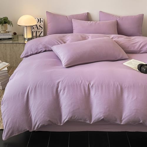 Double Size Duvet Cover Sets 3PCS Bedding Sets, Solid Purple Texture Duvet Cover Sets with Pillowcases Soft Microfiber Bedding Sets for All Season