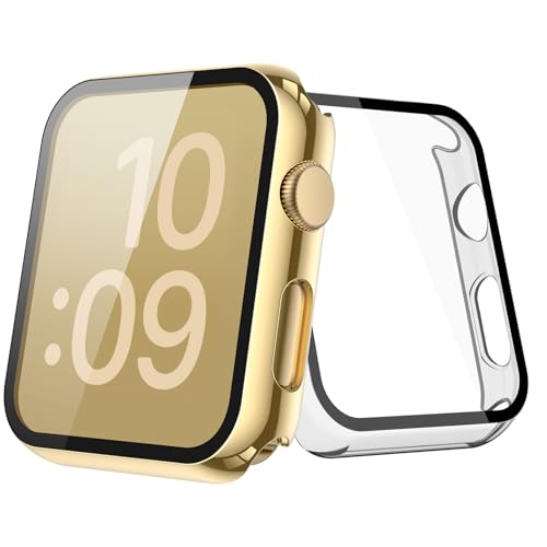 [2-Pack] Julk Gold Case with Screen Protector for Apple Watch Series 3/2 38mm, 9H Tempered Glass with Ultra Thin Hard Protective Cover for iWatch [1 Gold + 1 Transparent]