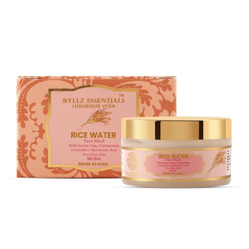 Image of RYLLZ ESSENTIALS Rice Water Face Mask | with Kaolin Clay, 5% Niacinamide, 2% Salicylic Acid, 2% Hyaluronic Acid, Ceramide & Aloe Vera Gel | For Glowing Skin, Dark Spots, Oil Control, Open Pores, Uneven & Dull Skin | For All Skin Types | Korean Skincare | 50Gm