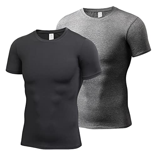 HomyComy T-Shirt Compression Homme Maillot Running Manches Courtes Couche de Base Athlétique T-Shirt de Course à Pied Sports Gym Gris/Noir S Cover