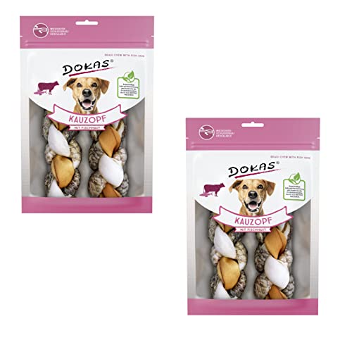 Dokas Kauzopf mit Fischhaut | Doppelpack | 2 x 120 g | Kausnack für Hunde | Rinderhaut und Fischhaut zum perfekten Kauspaß geflochten | Unterstützung der täglichen Zahnpflege