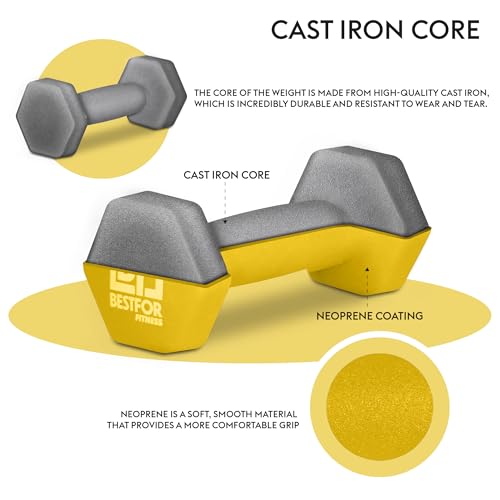 Bestfor Pair of 6kg Hex Anti Roll Non Slip Neoprene Dumbbell Weights For Exercise, Fitness, Workouts, Lifting with Exercise Chart - Image 4